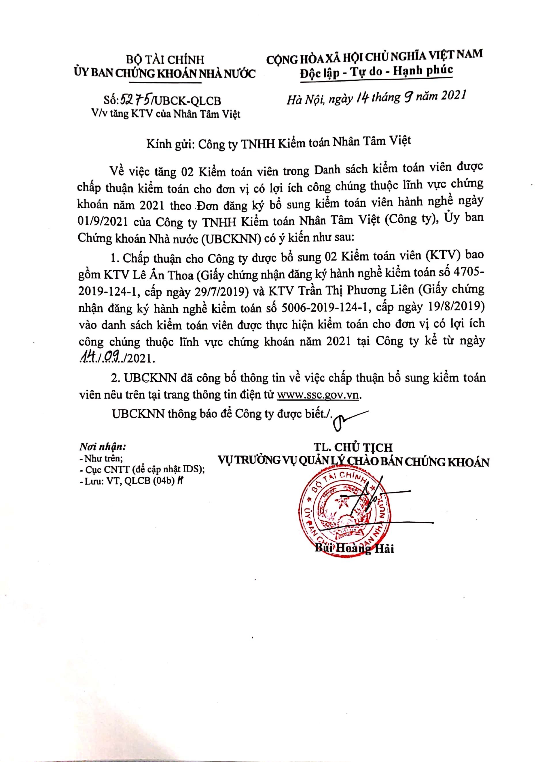 Thông báo tăng kiểm toán viên được chấp thuận kiểm toán cho đơn vị có LICT năm 2021 ( Lê Ân Thoa, Trần Thị Phương Liên)